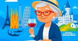 graphic of cute lady holding wine with a backdrop of European landmarks demontrating reinvention after 60