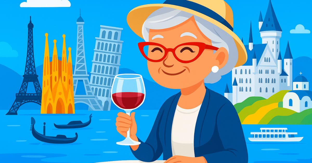 graphic of cute lady holding wine with a backdrop of European landmarks demontrating reinvention after 60