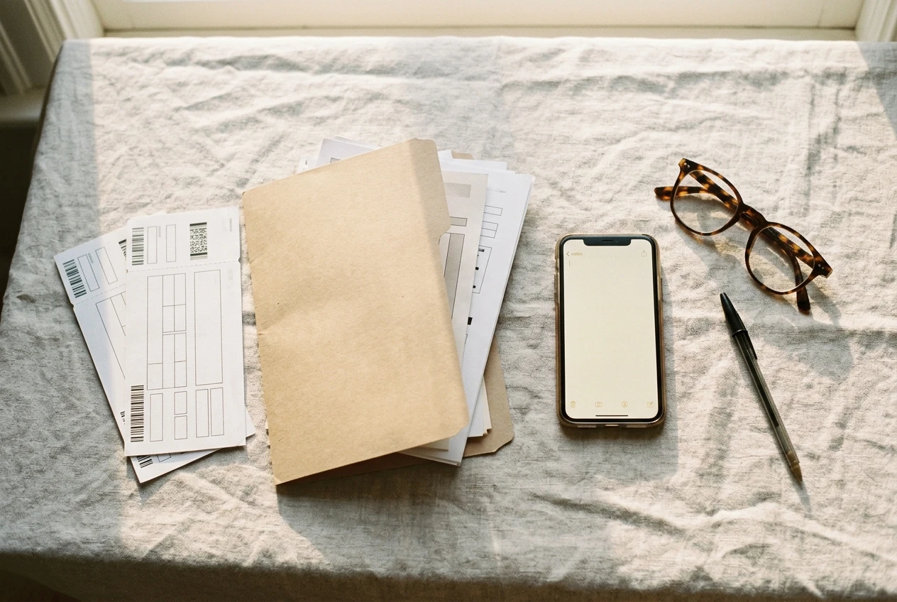 A flat-lay on a pale linen tablecloth: a phone showing a plain notes page, printed train tickets, a paper folder of confirmations, a pair of reading glasses and a pen, arranged in date order in warm daylight.