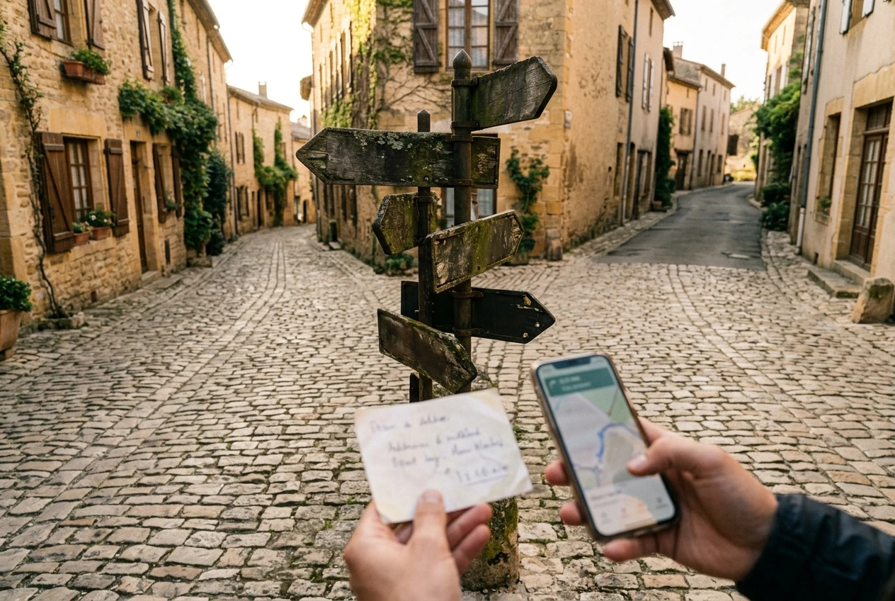 A cobbled European village junction with four old signposts pointing in different directions, a traveler's hand holding a phone and a small paper card with an address written on it, soft afternoon light on ochre stone walls.