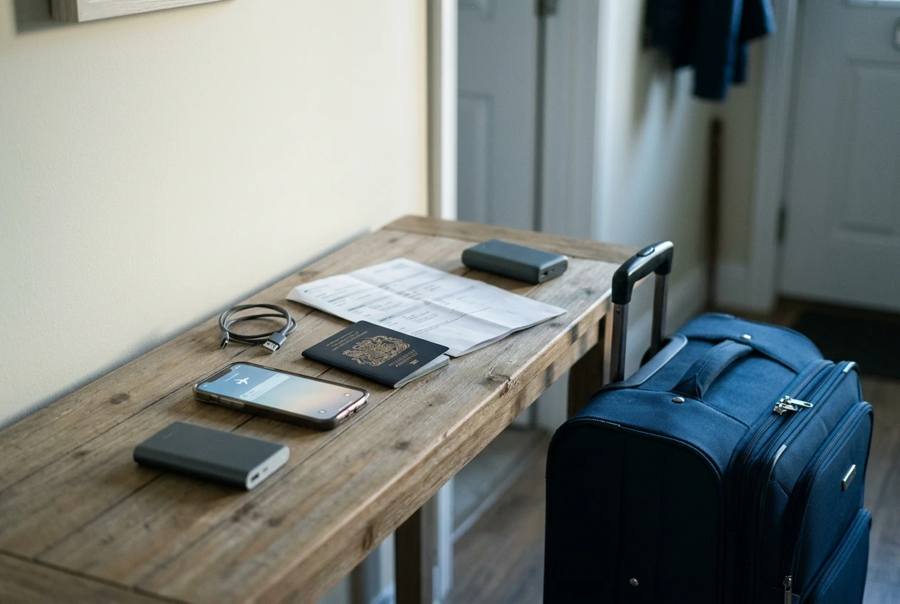 A phone lying in airplane mode on a hallway table beside a packed suitcase, a portable charger, a passport and a paper copy of a document, in calm morning light with muted blues and creams.