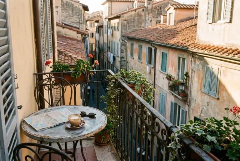 A small European apartment balcony abroad in the morning light: a café table with a half-finished coffee, a paper map folded beside it, and terracotta rooftops and shuttered windows