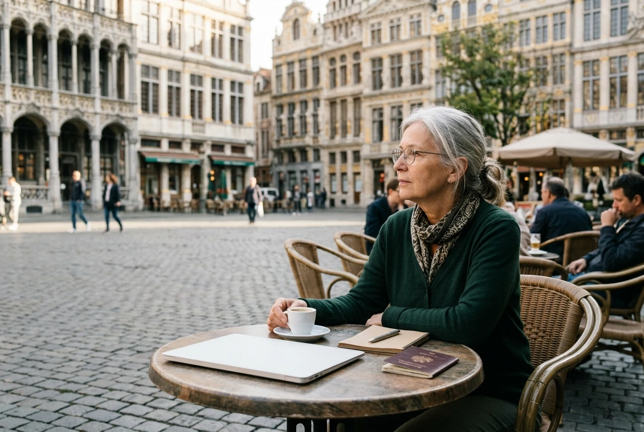 An older woman sitting at a European cafe table with a closed laptop, a small cup of coffee, a paper notebook and a worn passport. The cafe is on a beautiful European square with his