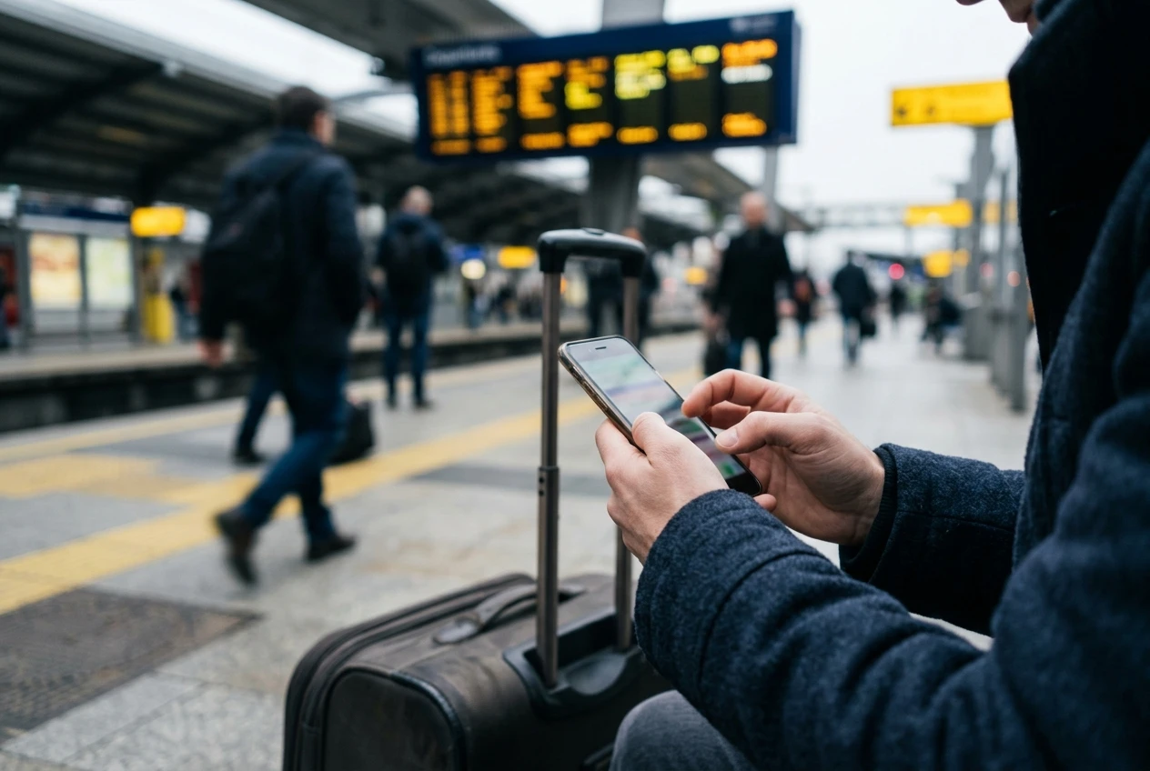 A traveler's hands holding a phone on a busy train station platform, with a rolling suitcase beside them and a departures board blurred behind. The mood is hurried, in cool grey light with touches of yellow signage.