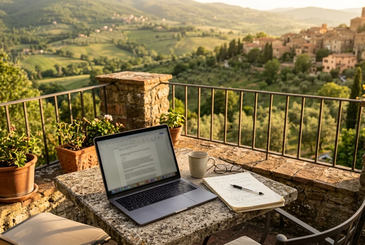 A laptop open on a small stone terrace table in the late afternoon, with a half-finished handwritten outline beside it. Past the terrace railing is a green hillside with a distant village, in soft golden light.