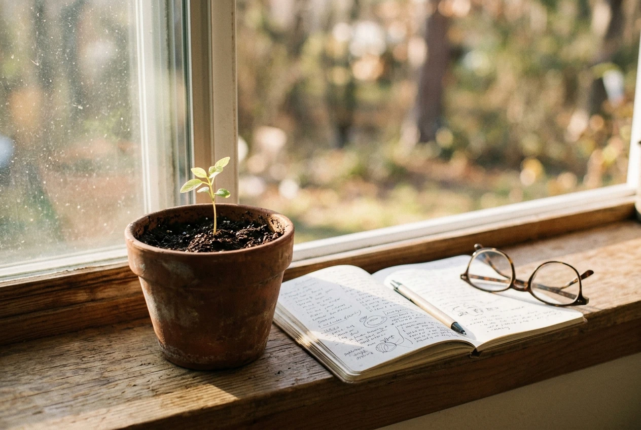 A young seedling growing in a terracotta pot on a sunny windowsill. Beside it sit a notebook full of article ideas and a pair of reading glasses, in calm, soft light with muted greens and warm browns.