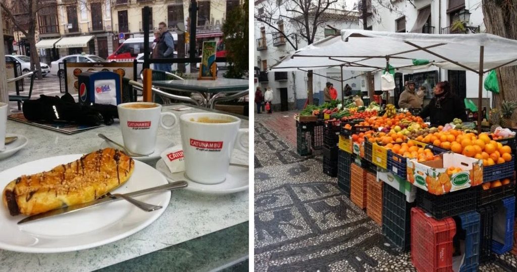 coffee, pastries and veg market granada